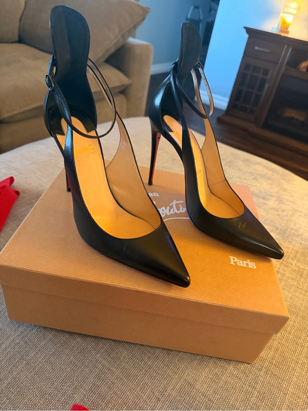 Christian Louboutin Black Leather Pointed Ankle-Strap Stiletto Pumps